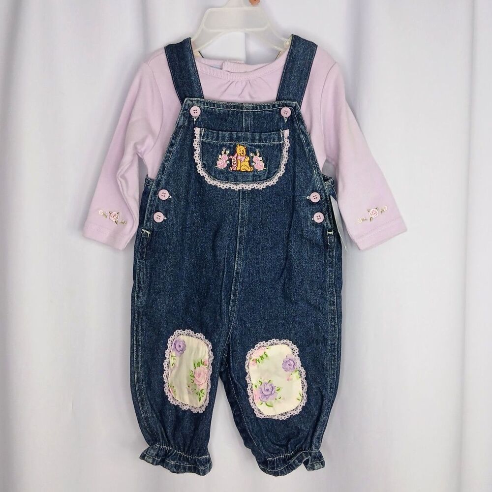 2pc Winnie the Pooh Denim Overalls Set Long Slv Bodysuit NWT Girls Infant 6-9 mo
